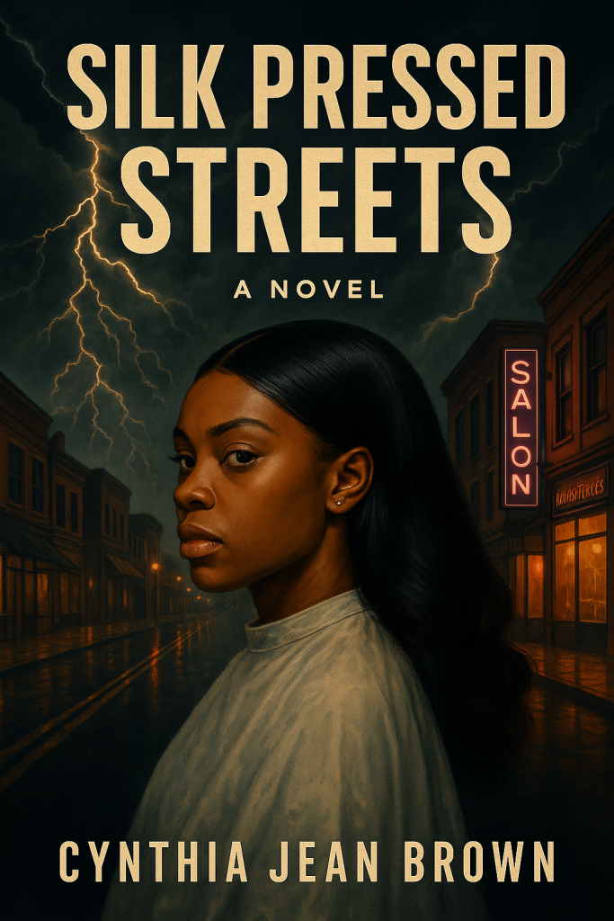 A promotional graphic for the debut novel Silk-Pressed Streets by Cynthia Jean Brown. The image features a muted, urban background with a bold street sign reading โSilk Press Stโ and โ2nd Ave,โ symbolizing the intersection of identity, resilience, and community. Designed in warm tones, the card evokes themes of Southern Black womanhood, legacy, and transformation.