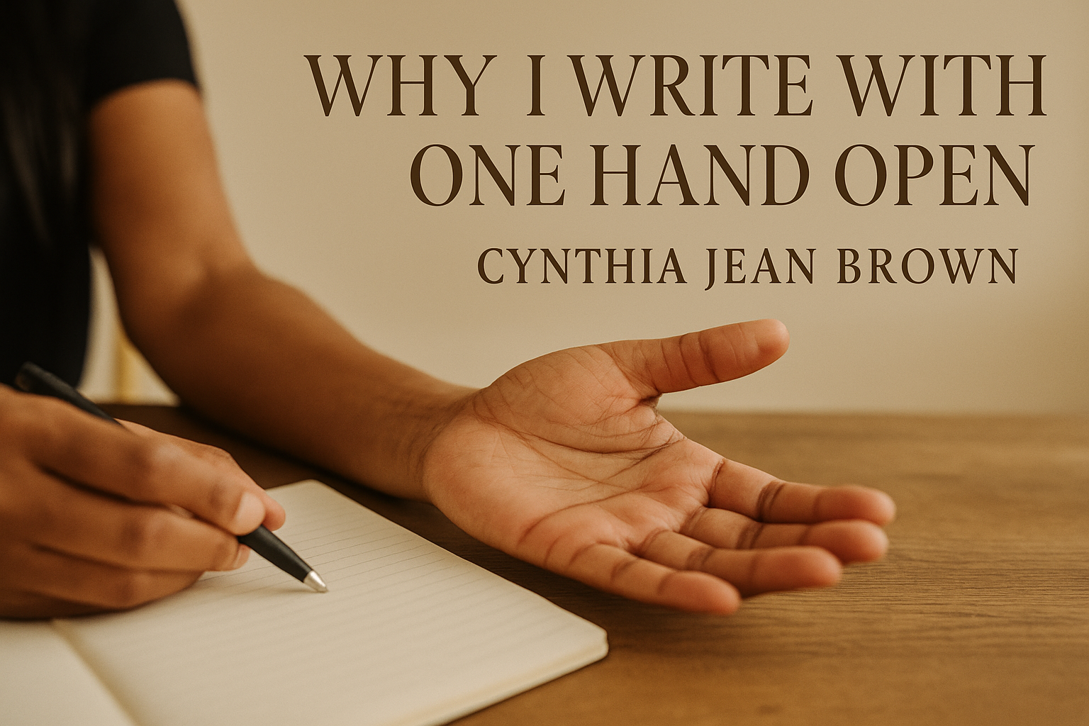 Open hand reaching across a wooden desk beside a notebook.