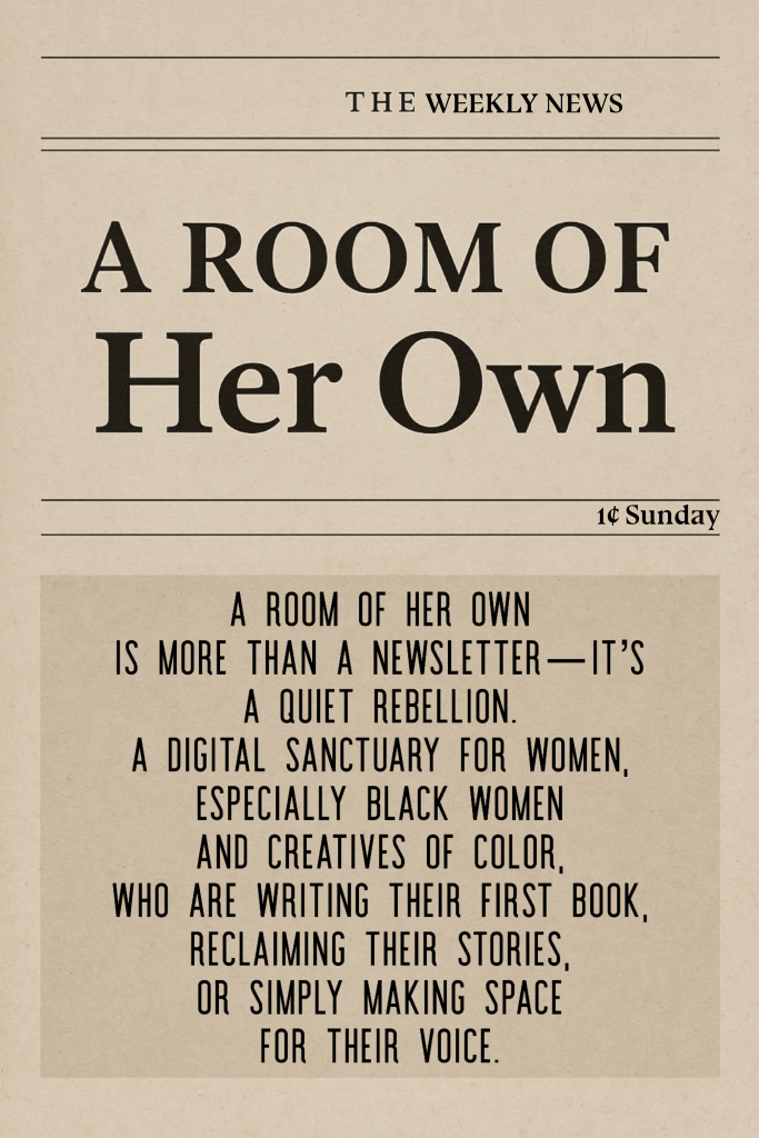 A black-and-tan portrait-style newspaper front page featuring the headline โA Room of Her Own,โ styled like a traditional weekly publication. Minimal and classic, evoking quiet reflection and literary strength.